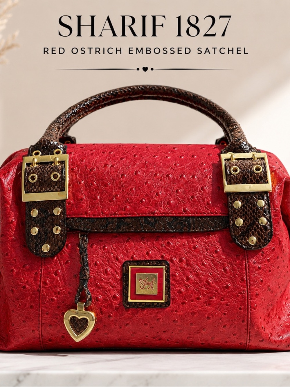 Sharif 1827 Red Ostrich Embossed Leather Satchel Handbag